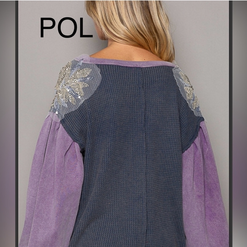 NEW!!! POL Embroidered Purple and Blue Blouse with Sequins, Sz Large - Picture 4 of 5